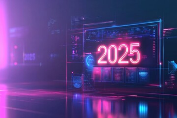 Leinwandbilder - Futuristic digital calendar shows the year 2025 with neon lights and sleek design. Generative AI
