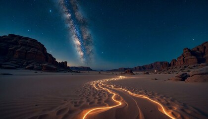 Wall Mural - Desert Landscape Under Starry Sky with Light Trail