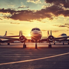 Aufkleber - Retro airplanes line up on a vintage airfield during a stunning sunset in a nostalgic setting. Generative AI