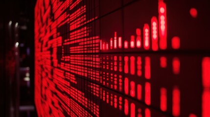 Red digital data wall displays complex information patterns