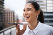 © peopleimages.com - Phone call, outdoor and business with woman, smile and communication with humor. Person, accountant and consultant with cellphone, conversation and recording with digital app, loudspeaker or funny