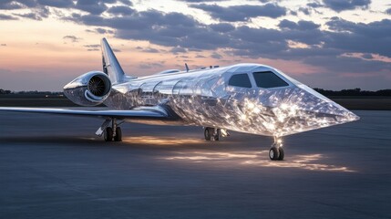 Poster - Luxury private jet arrives at dusk on runway with limousine waiting nearby. Generative AI
