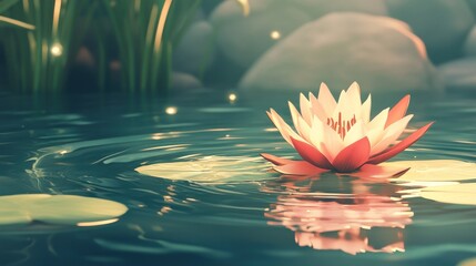 Wall Mural - Serene Water Lily Blossom Floating Calmly On Still Pond Water