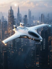Aufkleber - Futuristic airplane soaring over a vibrant sci fi cityscape at dusk with shimmering lights illuminating skyscrapers. Generative AI
