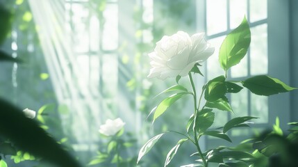 Sticker - White Rose Illuminated By Sunlight In A Greenhouse