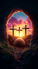 Wall Mural - Dramatic Easter resurrection scene viewed from empty tomb, three crosses on hill at sunrise, symbolizing faith, salvation, hope, Christianity, and spiritual renewal on holy day.