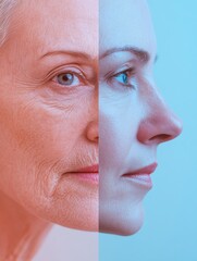 Fototapete - Contrast between aged and youthful faces highlights beauty and time in different stages of life. Generative AI