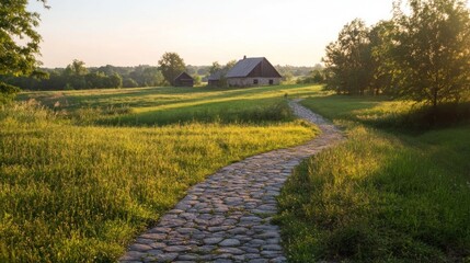 Sticker - Stone Path Winding Through Rural Farmland Past Houses