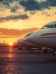 Fototapete - Retro airplanes lined up on a vintage airfield at sunset with warm colors painting the sky. Generative AI