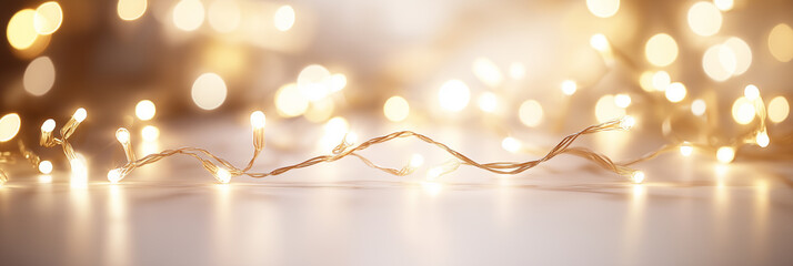 Wall Mural - Warm glowing fairy lights with bokeh background, golden festive string lights, soft defocused illumination, holiday decoration, magical ambience, dreamy aesthetic, atmospheric lighting.