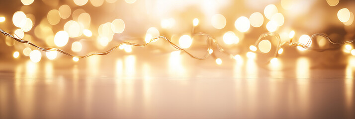 Wall Mural - Warm glowing fairy lights with bokeh background, golden festive string lights, soft defocused illumination, holiday decoration, magical ambience, dreamy aesthetic, atmospheric lighting.