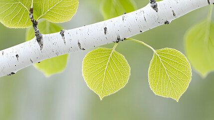 Aspen tree branch, fresh green leaves, blurred background, nature spring image
