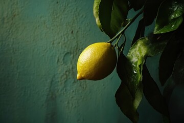 Poster - A single lemon hangs from a lemon tree branch