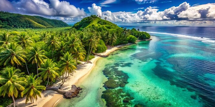 Panoramic Aerial View of Pristine Tropical Beach, Western Samoa