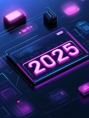 Leinwandbilder - Futuristic digital calendar displaying year 2025 with vibrant neon colors and sleek design elements in a tech environment. Generative AI