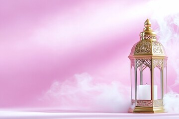 Wall Mural - Festive Ramadan lantern candle pink background