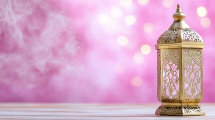 Wall Mural - Ramadan lantern, pink bokeh background, incense smoke