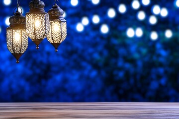 Wall Mural - Festive lanterns, night, bokeh background, wooden table, holiday card