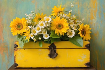 Poster - Sunflowers and daisies in a yellow wooden box