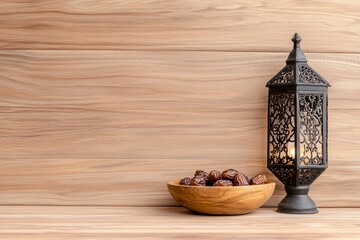 Wall Mural - Dates, lantern, wood background; Ramadan