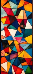 Wall Mural - A stylized geometric pattern with triangles and rectangles in bright, contrasting colors
