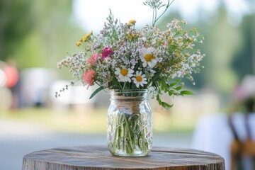 Poster - Wildflower bouquet in a mason jar sits on wood