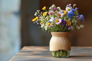 Poster - Wildflower bouquet in a rustic wooden vase