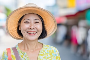 Wall Mural - Happy Asian woman smiling, city market background, travel