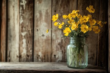 Poster - Yellow wildflowers in a glass jar on rustic wood