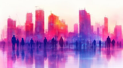 Wall Mural - Urban silhouettes against a vibrant sunset skyline with construction activity in the background