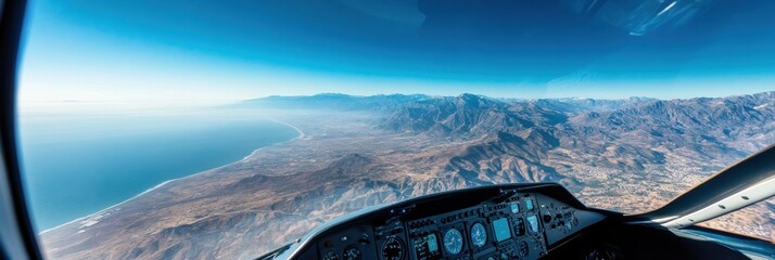 Poster - Panoramic view of mountains and coastline from an airplane cockpit during a clear day flight. Generative AI