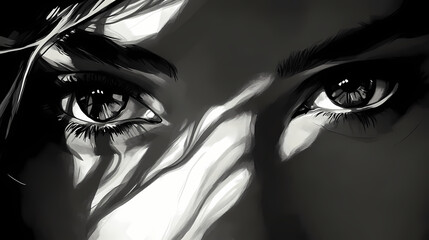 Intense closeup portrait of womans eyes with dramatic chiaroscuro lighting deep shadows contrasting with bright highlights artistic black and white. Chiaroscuro Contrast. Illustration