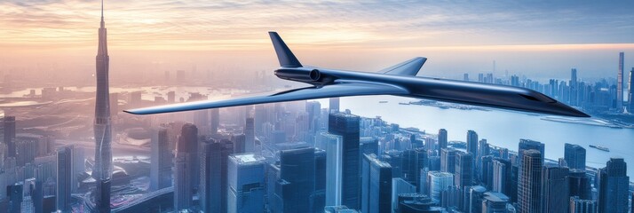 Aufkleber - Futuristic airplane soars above a vibrant sci fi cityscape at sunset with striking architectural designs. Generative AI