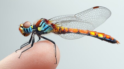 Close-up of a vibrant dragonfly perched on a human finger against a soft background