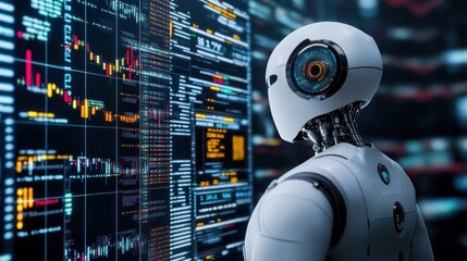AI Robot Analyzing Stock Market Data on a Futuristic Screen