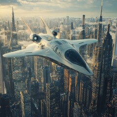 Aufkleber - Futuristic airplane gliding effortlessly above a sci fi skyline filled with towering skyscrapers at dusk. Generative AI