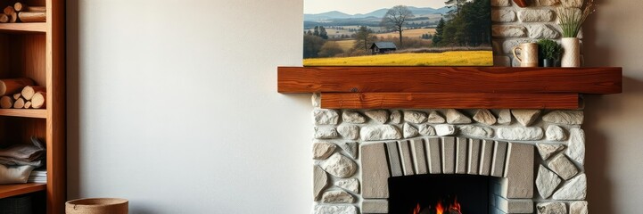 Cozy fireplace with wooden mantel and print of nature scene above, fireplace, elegance, decor