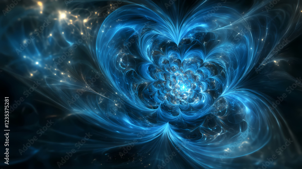 Abstract floating particles in soft blue light with dark background ...