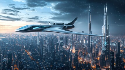 Aufkleber - Futuristic airplane soaring above a vibrant sci fi city filled with towering skyscrapers at dusk. Generative AI