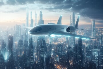 Aufkleber - Futuristic airplane glides effortlessly above a vibrant sci fi cityscape at dusk with glowing skyscrapers. Generative AI