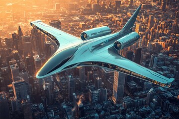 Aufkleber - Futuristic airplane soaring above a sci fi cityscape at sunset. Generative AI