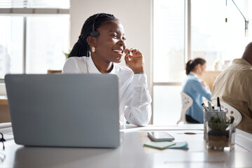 Aufkleber - Headset, laughing or black woman on laptop for customer service, online help or business loan. Smile, financial consultant or funny agent in agency for insurance call center support or communication
