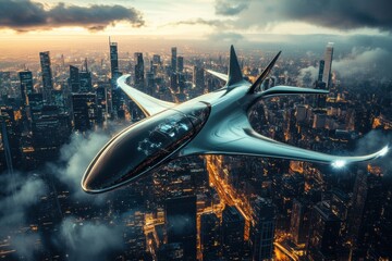 Aufkleber - Sleek futuristic airplane soaring above a vibrant sci fi city at dusk with glowing skyline and cloud cover. Generative AI