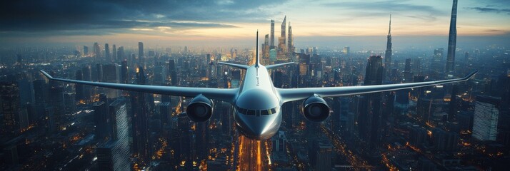 Aufkleber - Futuristic airplane soars above sleek sci fi cityscape at twilight with glowing skyscrapers and vibrant lights in the clouds. Generative AI