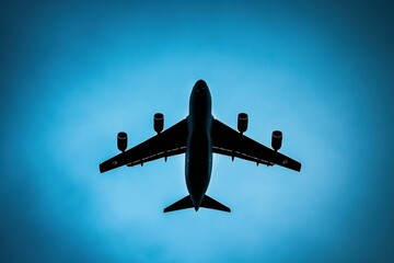 Leinwandbilder - Silhouette of a sleek airplane flying against a bright blue sky during daylight hours. Generative AI