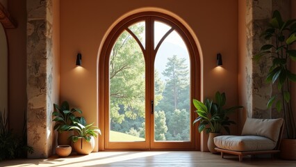 A serene room with an arched window, inviting nature's beauty indoors