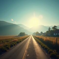 Poster - A serene country road, lined with grass and mountains in the distance