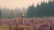 © tugkiara - Young deer in misty heather field, forest background; nature scene