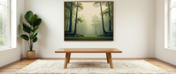 Canvas Print - A serene forest scene in a room, with a large painting on the wall