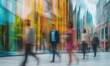 © Resni AI - Blurred people walking on city sidewalk with colorful buildings in background, ideal for urban lifestyle themes
